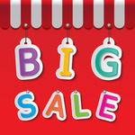 Red tent background with "Big Sale" large multi-colored letters