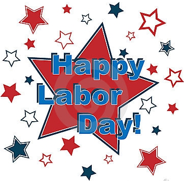 Happy Labor Day in blue letters on a white background with red, white and blue stars of various sizes